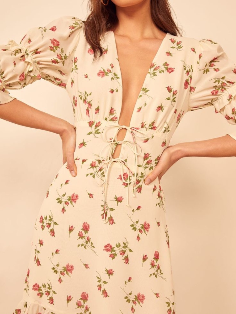 Reformation Cream Mini Dress with Pink Rose Print